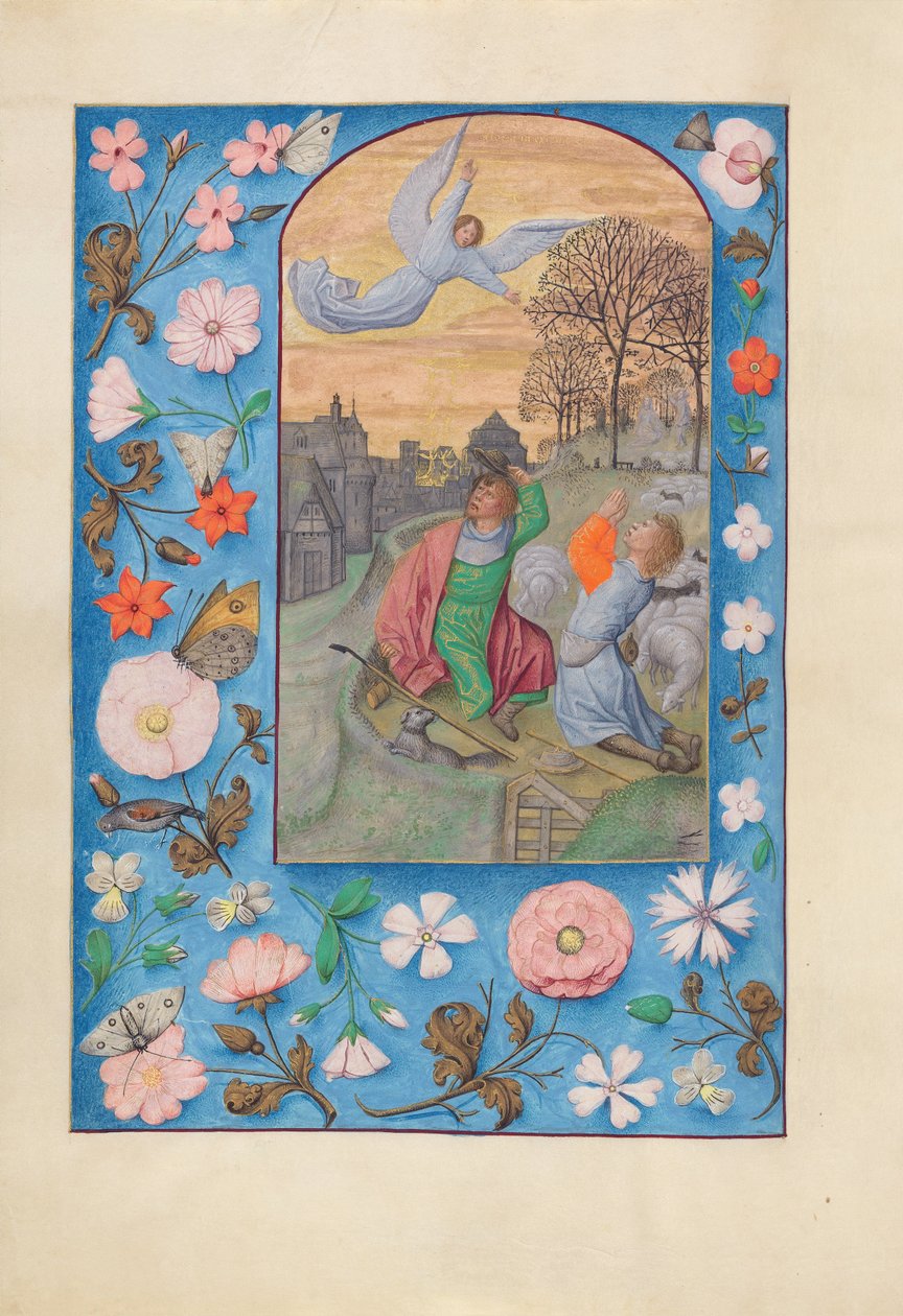 Uren van Koningin Isabella de Katholieke, Koningin van Spanje:  Fol. 131v, Annunciatie aan de herders door Master of the First Prayerbook of Maximillian