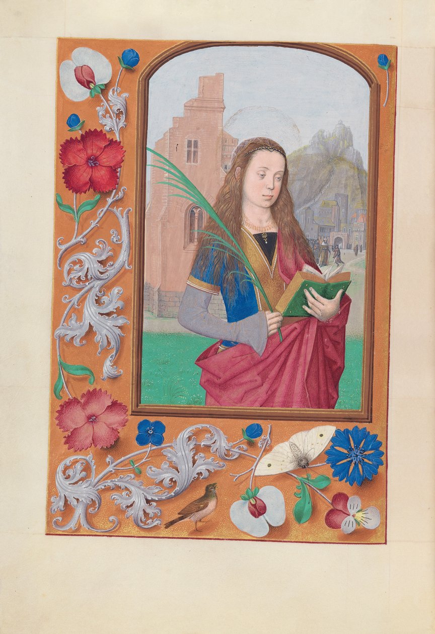 Getijdenboek van Koningin Isabella de Katholieke, Koningin van Spanje: Fol. 191v, St. Barbara, ca. 1500 door Master of the First Prayerbook of Maximillian