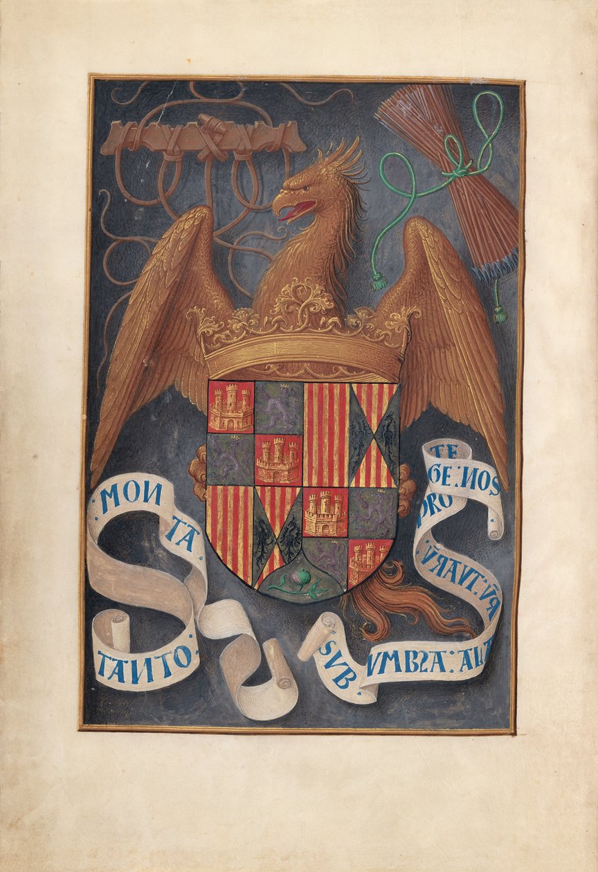 Uren van Koningin Isabella de Katholieke, Koningin van Spanje: Fol. 1v, Wapens en Motto