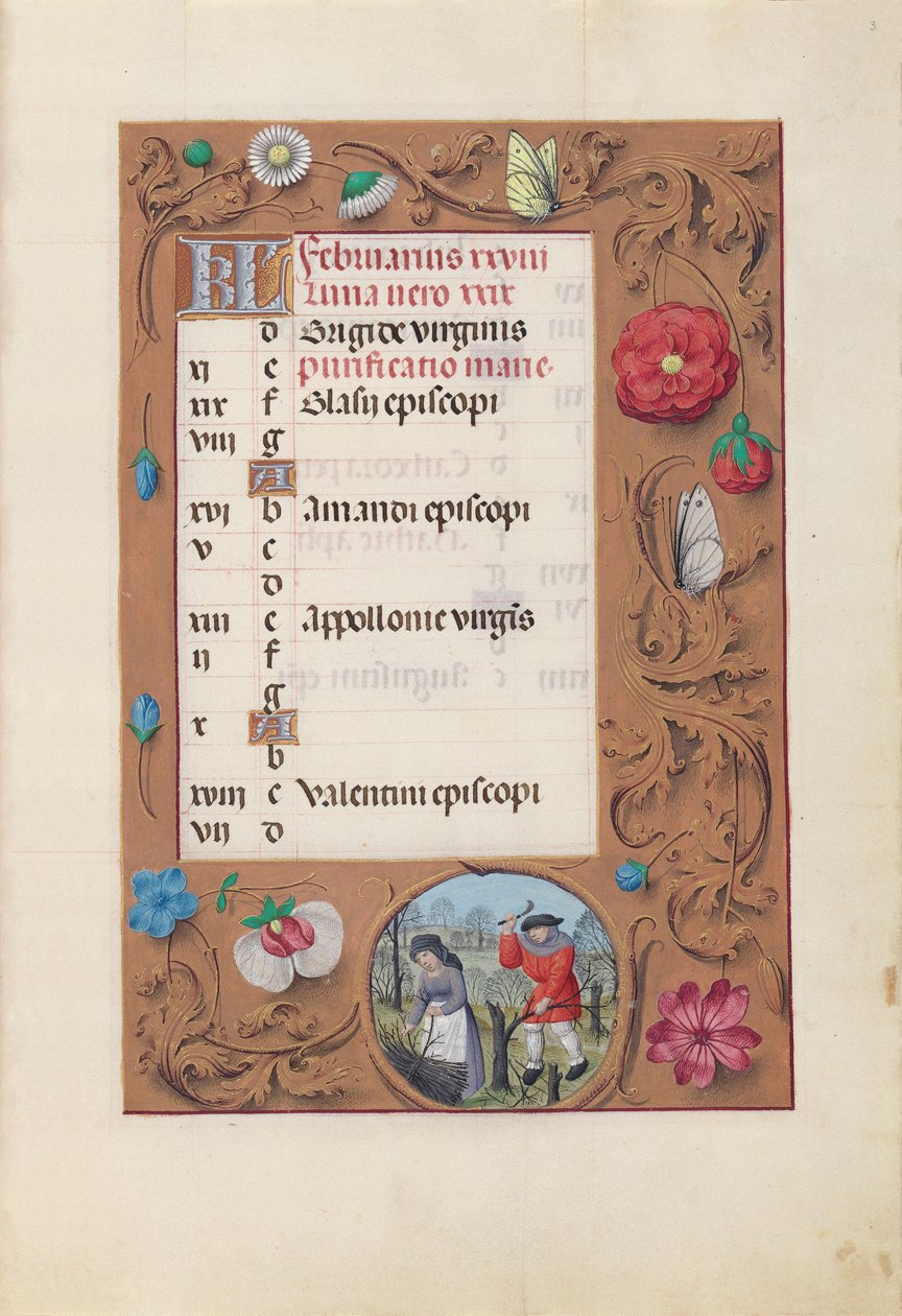 Getijdenboek van Koningin Isabella de Katholieke, Koningin van Spanje: Fol. 3r, Februari, ca. 1500 door Master of the First Prayerbook of Maximillian