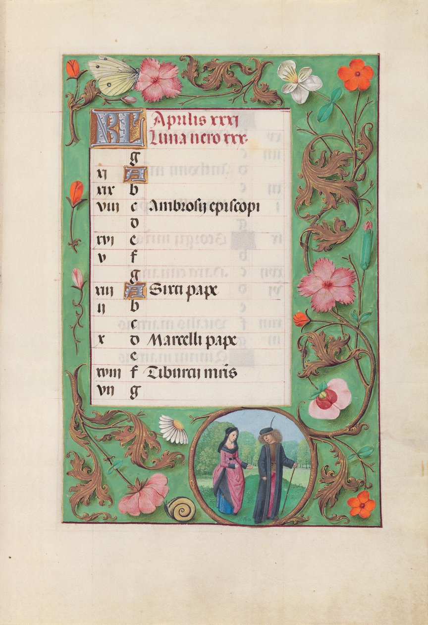 Getijdenboek van koningin Isabella de Katholieke, koningin van Spanje: Fol. 5r, april - Schildknaap en jonkvrouw door Master of the First Prayerbook of Maximillian
