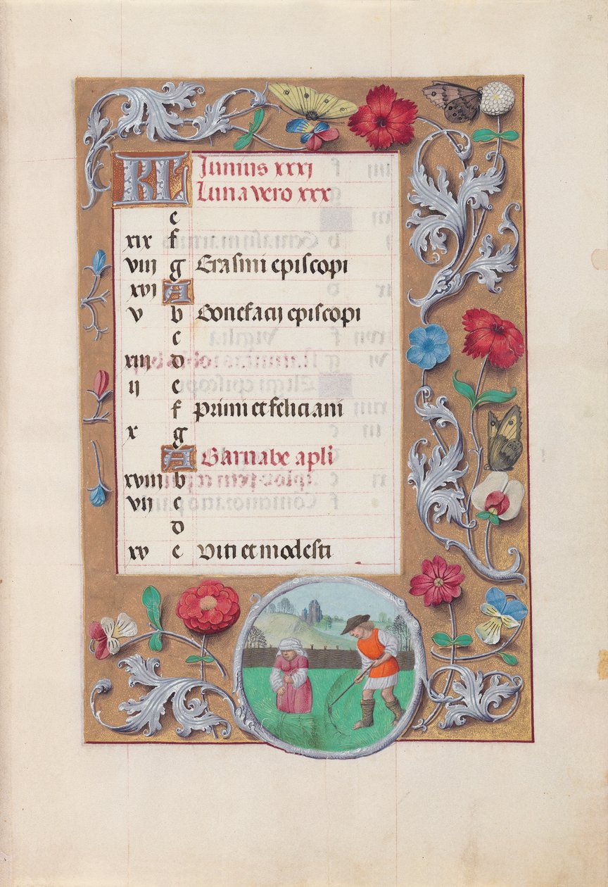 Uren van Koningin Isabella de Katholieke, Koningin van Spanje: Fol. 7r, juni, ca. 1500 door Master of the First Prayerbook of Maximillian