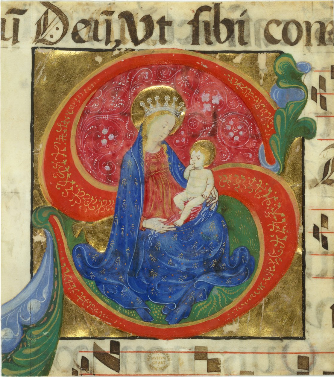 Manuscriptverlichting met de Maagd en Kind in een Initiaal S, uit een Antifonarium, midden 15e eeuw door Master of the Franciscan Breviary