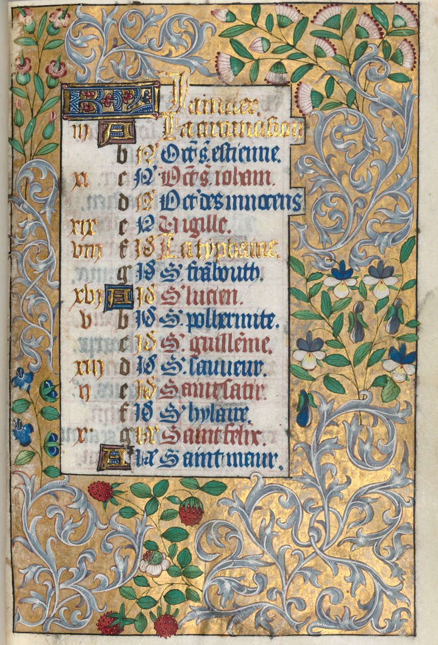 Getijdenboek Gebruik van Rouen: fol. 1r, Uitgebreide Gebladerde Rand door Master of the Geneva Latini
