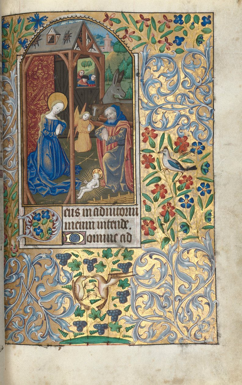 Getijdenboek Gebruik van Rouen: fol. 56r, Aanbidding met herders, Geboorte, ca. 1470 door Master of the Geneva Latini