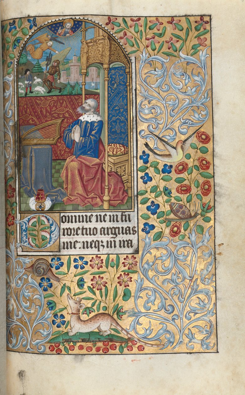 Getijdenboek Gebruik van Rouen: fol. 80r, David Berouwvol, in de Verte David die Goliath Doodt, c1470 door Master of the Geneva Latini