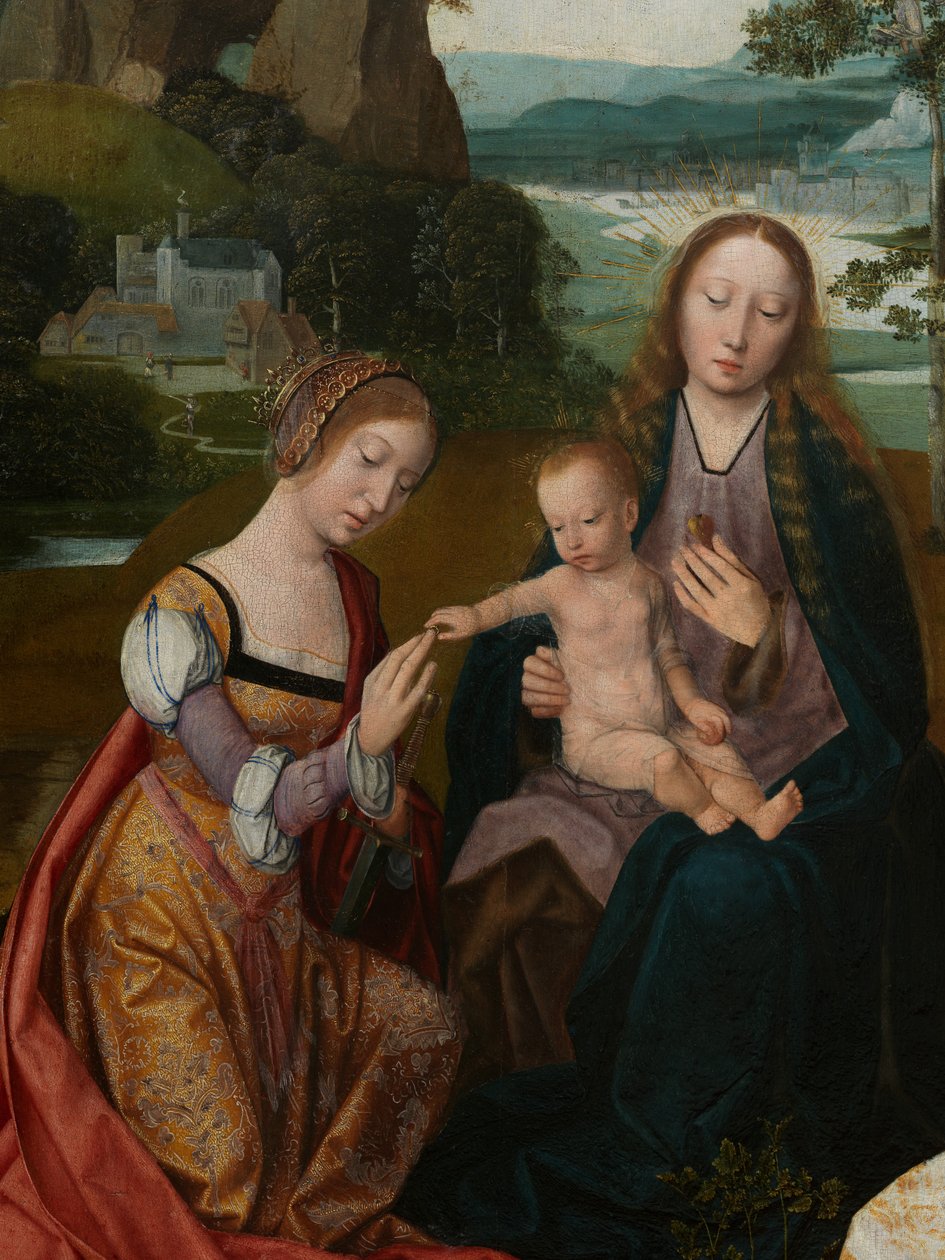 Detail (centraal paneel van de Maagd en Kind met St. Catherine en St. Barbara, c.1520-25) door Master of the Holy Blood