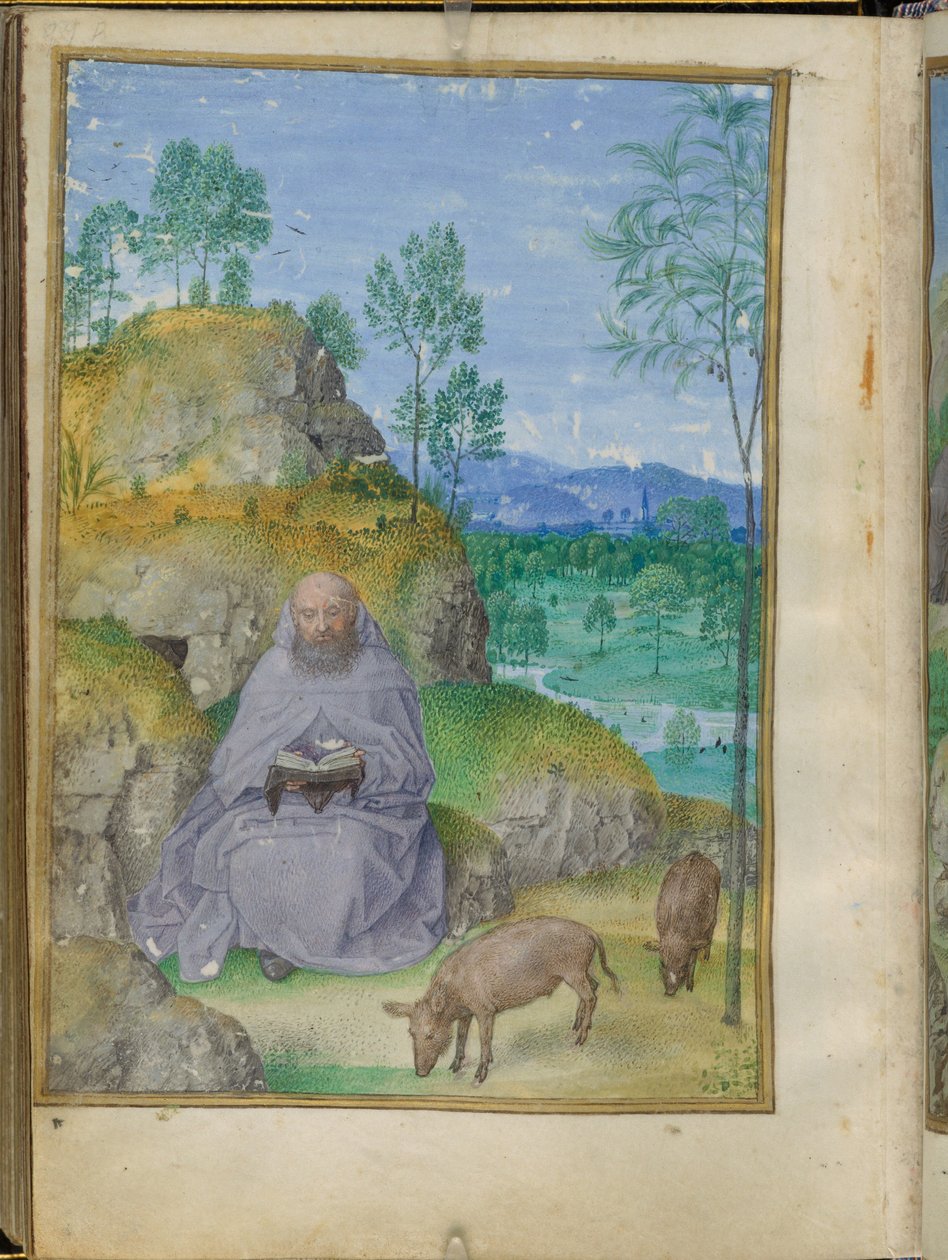 Sint Antonius abt in de woestijn, miniatuur uit de Emerson-Witte Uren. door Master of the Houghton Miniatures
