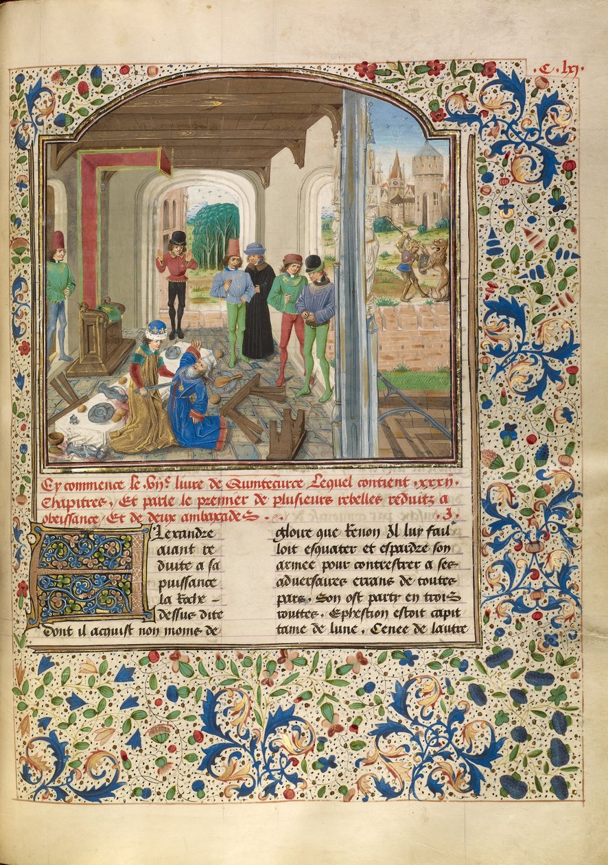 Alexander vecht met een leeuw en doodt Clitus door Master of the Jardin de vertueuse consolation