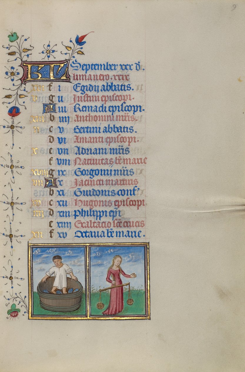 Kalenderblad voor september; Wijn maken; Weegschaal door Master of the Lee Hours