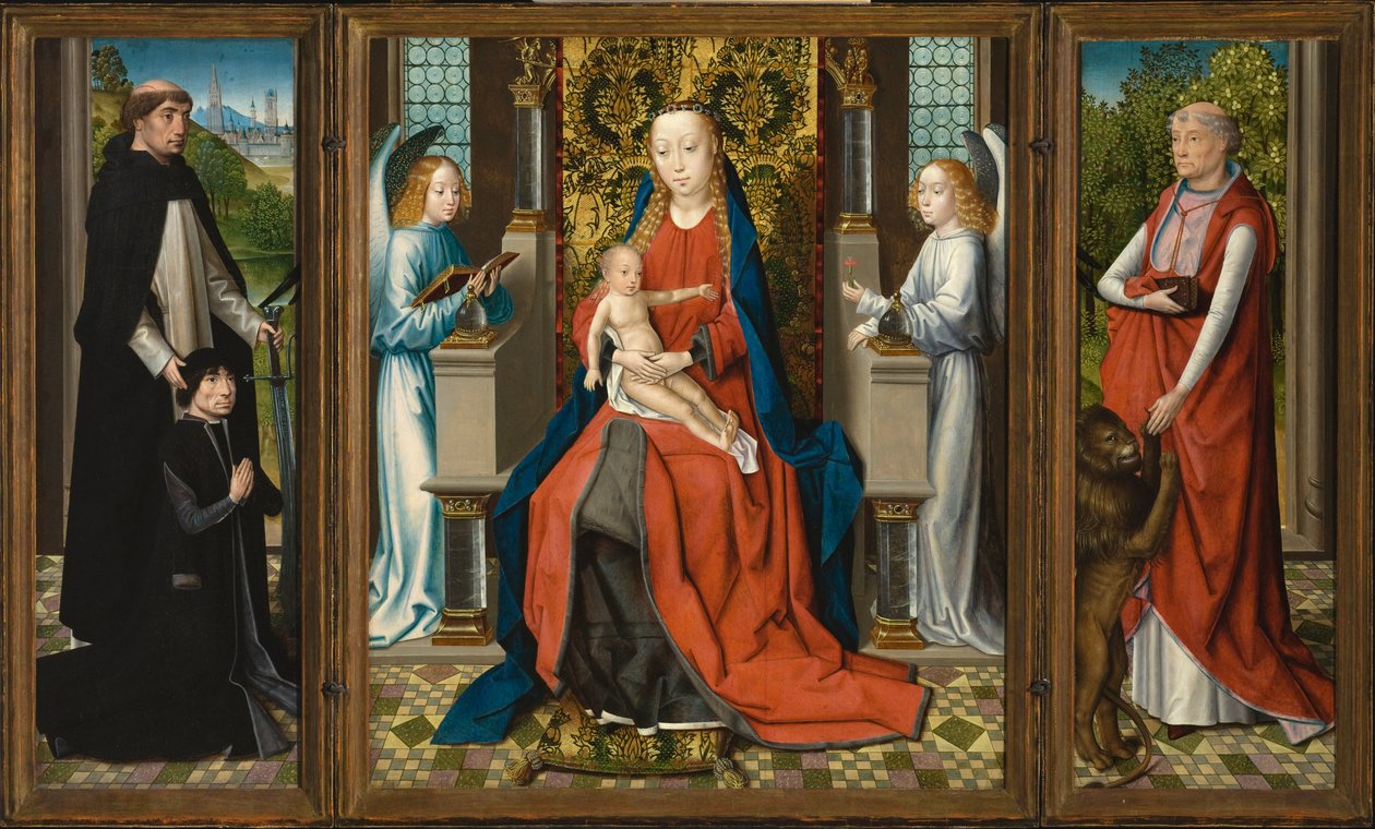 Drieluik van Madonna en kind met engelen; schenker en zijn beschermheilige Sint Peter Martyr; en Sint Jerome door Master of the Legend of Saint Lucy