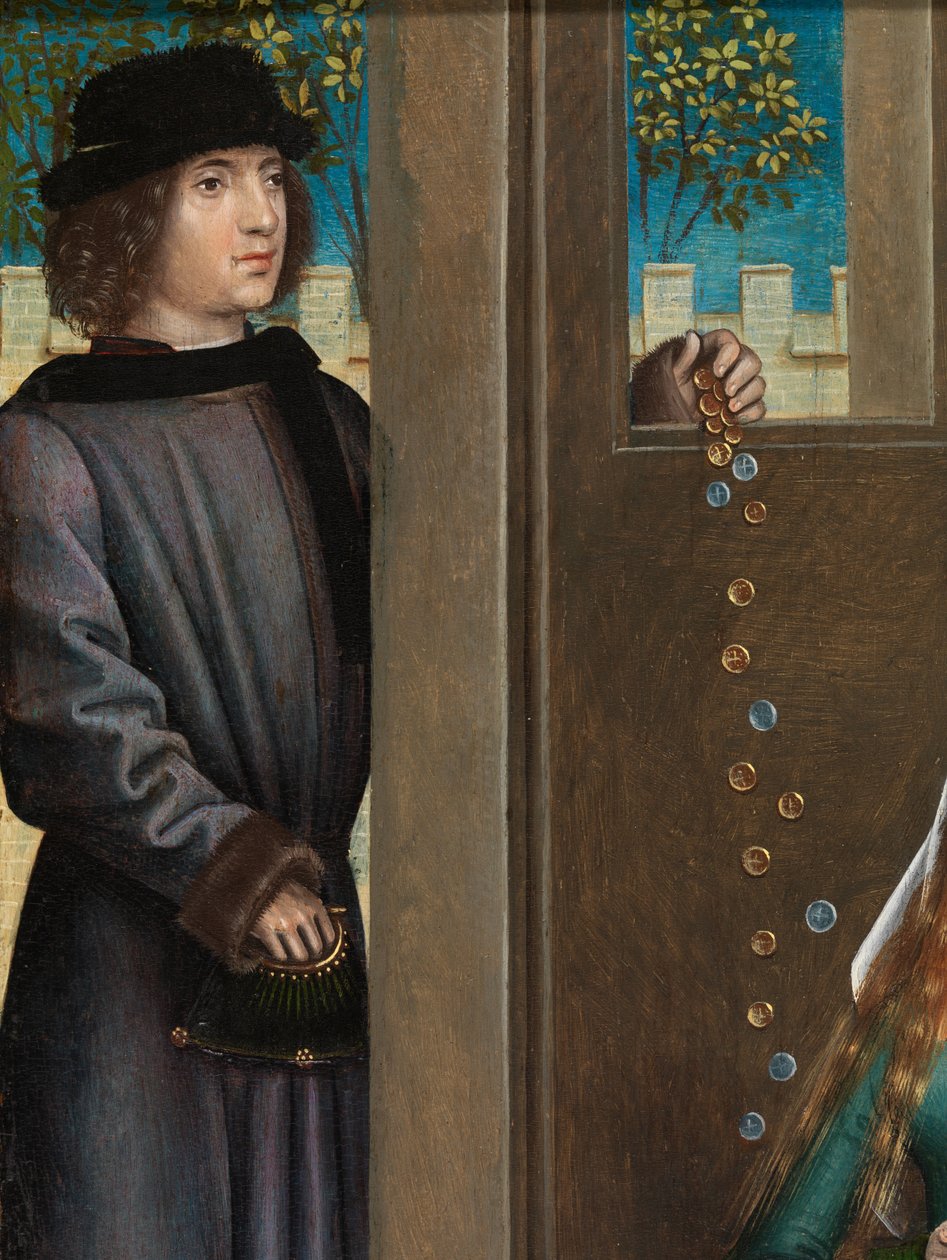 Detail (liefdadigheid van St. Nicolaas) door Master of The Legend of St. Lucy