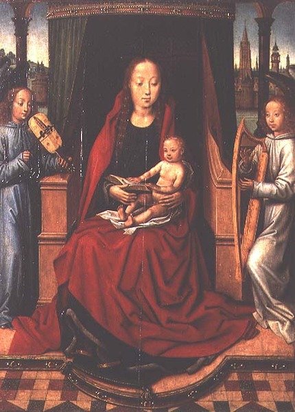 Madonna en Kind met Twee Muzikale Engelen door Master of The Legend of St. Lucy