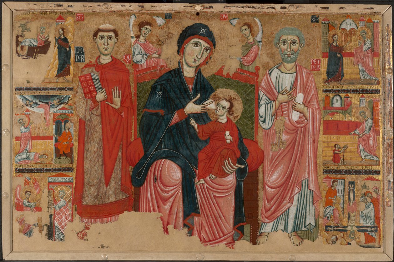Maagd en Kind op de Troon met Heiligen Leonard en Peter en Scènes uit het Leven van Sint Peter door Master of the Magdalen