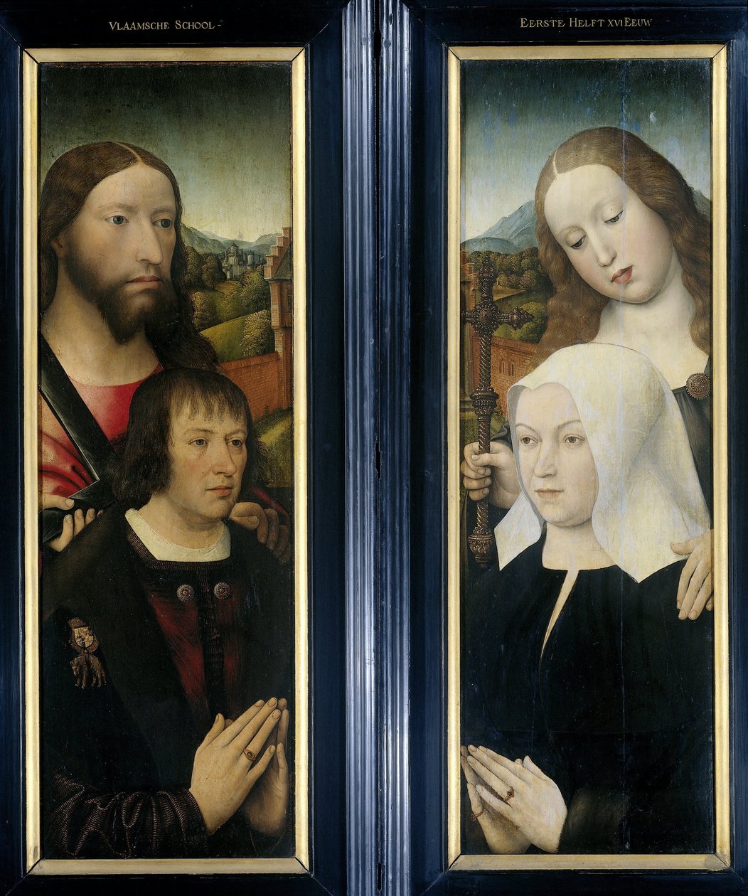Twee Vleugels van een Drieluik met de Schenker, Thomas Isaacq, vergezeld door Sint Thomas (links, buitenvleugel), en de Vrouw van de Schenker vergezeld door Sint Margaretha (rechts, buitenvleugel) door Master of the Magdalen Legend