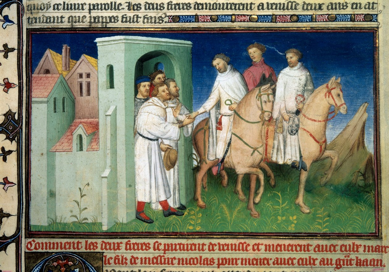 Matteo en Niccolo, de Polo broers verlaten Venetië. Miniatuur uit Het Boek der Wonderen door Marco Polo door Master of the Mazarine