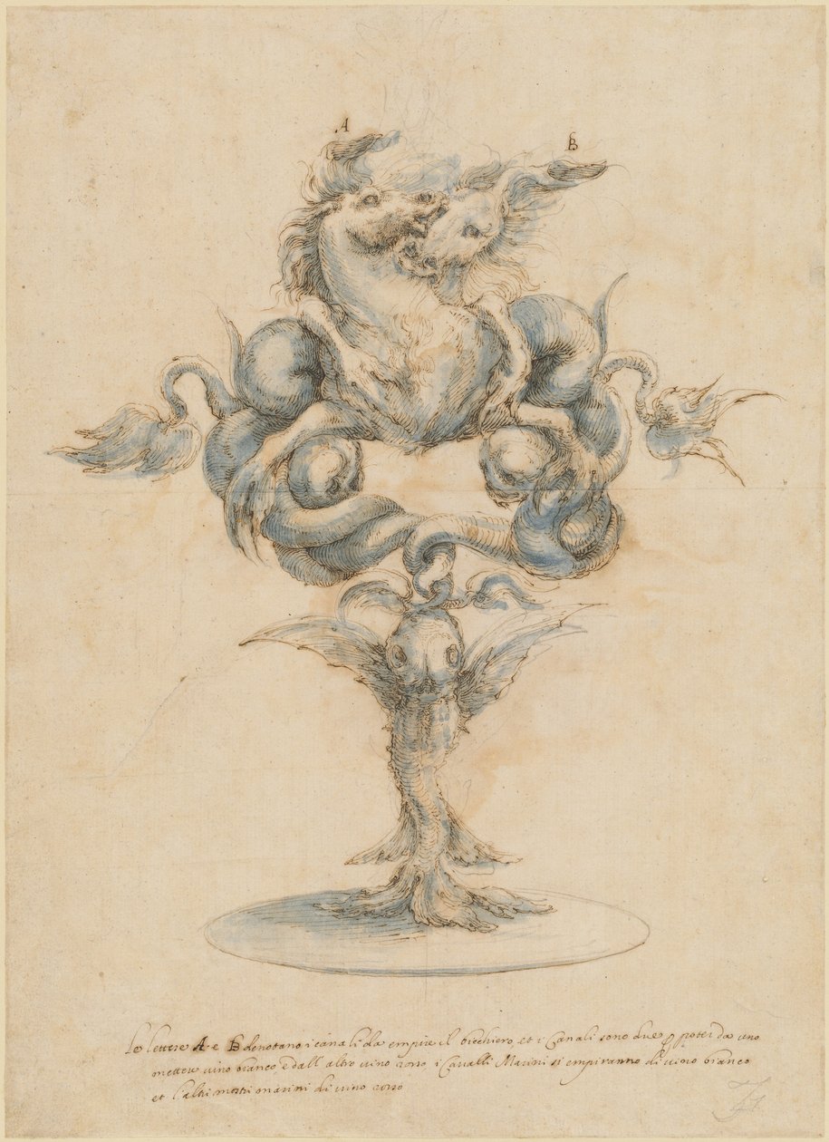 Een wijnkaraf met twee vechtende zeepaarden door Master of the Medici Banquet Decanters