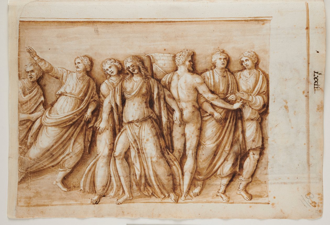 Folio 61, recto: de terugkeer van Meleager van een Romeins sarcofaag, Rome, Palazzo Barberini, ca. 1512-17 (pen en bruine inkt met bruine was) door Master of the Oxford Album