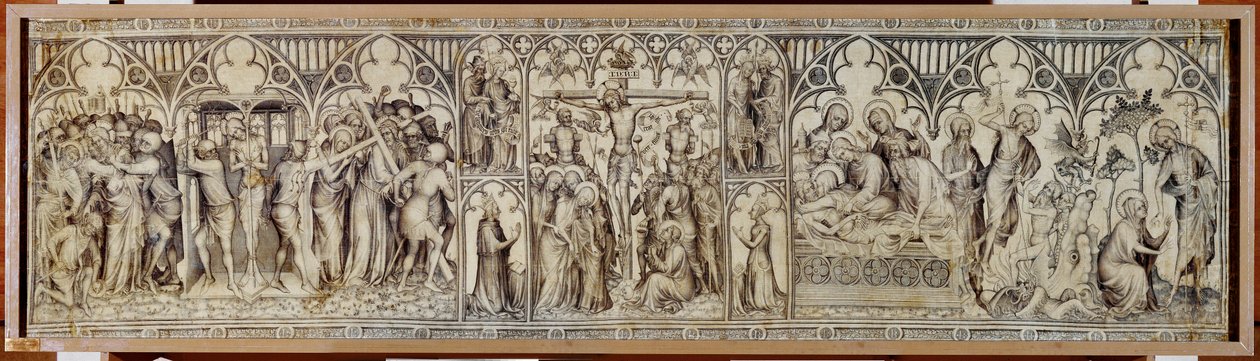 Het altaar van Narbonne: Christus gevangen genomen, bespot, doornenkroon, kruisiging, graflegging, wederopstanding ... door Master of the Parement of Narbonne
