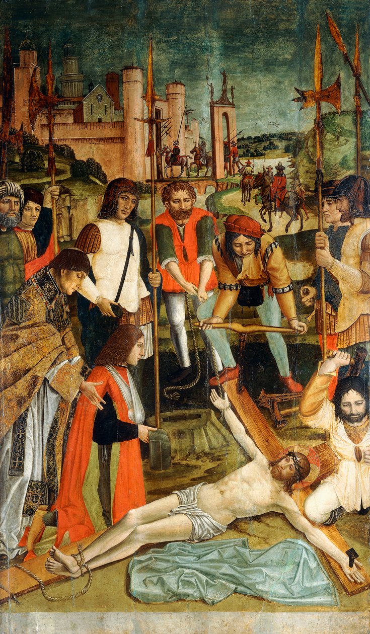 Christus aan het Kruis genageld met een Donor met zijn Arm in een Mitella gepresenteerd door een Priester door Master of the Pavia Deposition