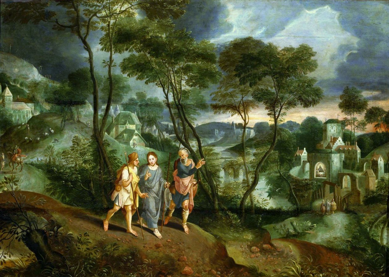 Christus met discipelen op weg naar Emmaüs door Master of the Prodigal Son