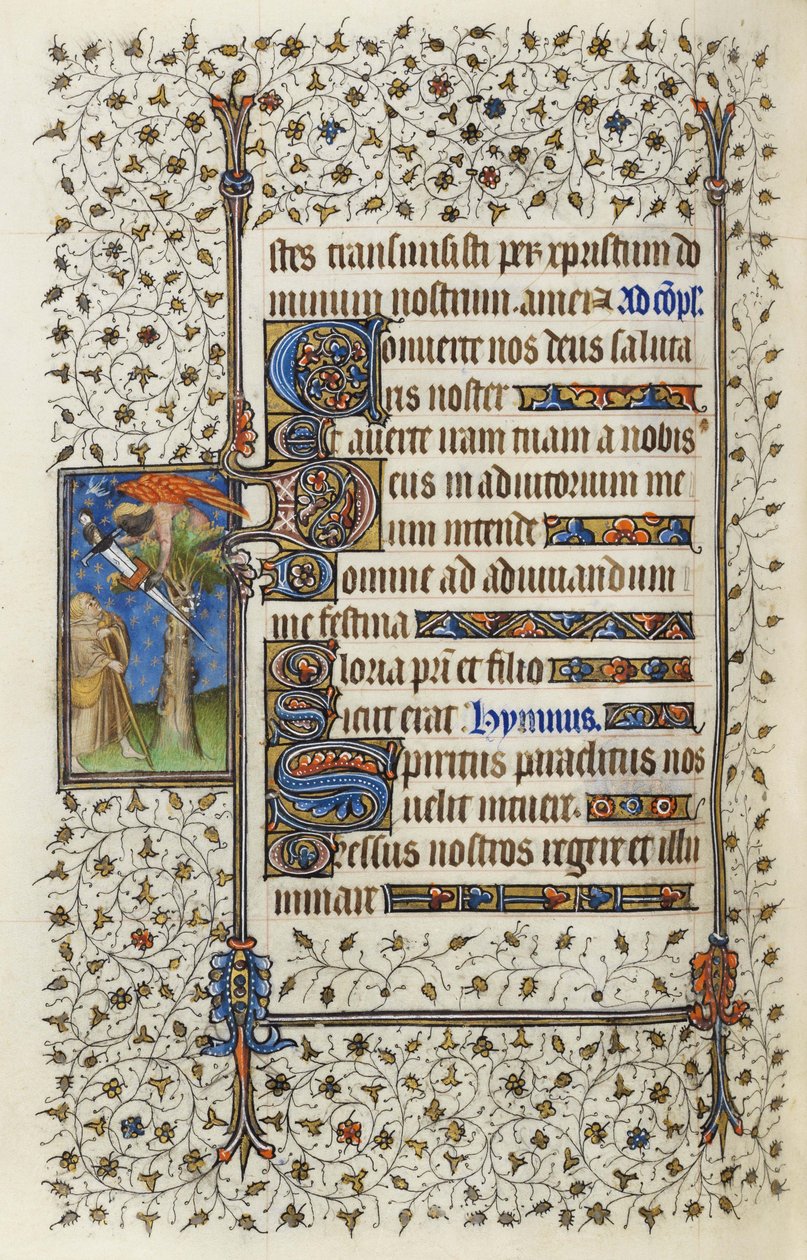 Ms 62 f.132v Gevleugeld figuur in een boomtop met boek doorboord door een zwaard, uit de 