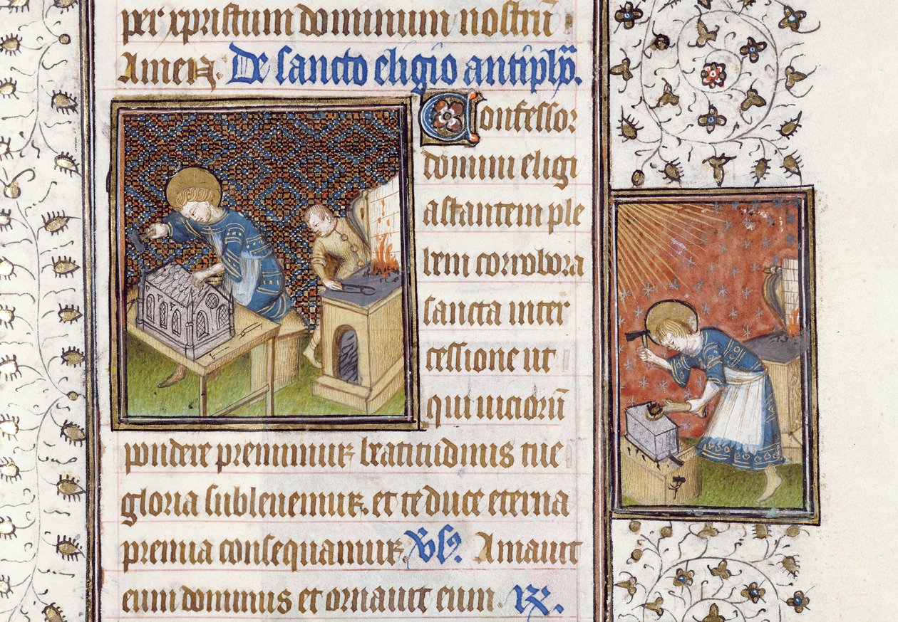 Ms 62 f.215r St. Eligius maakt een schrijn; St. Eligius bij een aambeeld, uit een getijdenboek door Master of the Rohan Hours