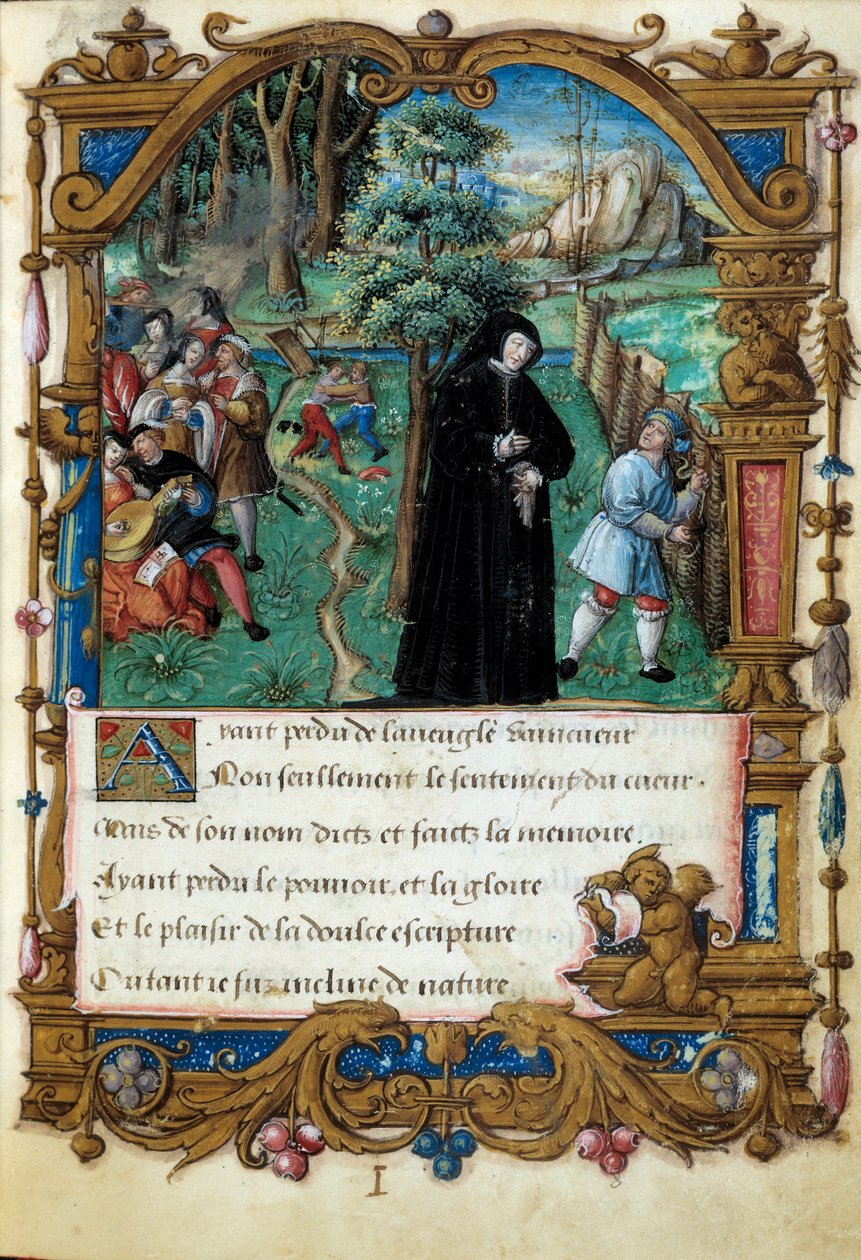 Afbeelding van de koningin van Navarra Margarita van Angoulême, hoofse liefdesscène. Pagina uit het manuscript La coche ou Debat d