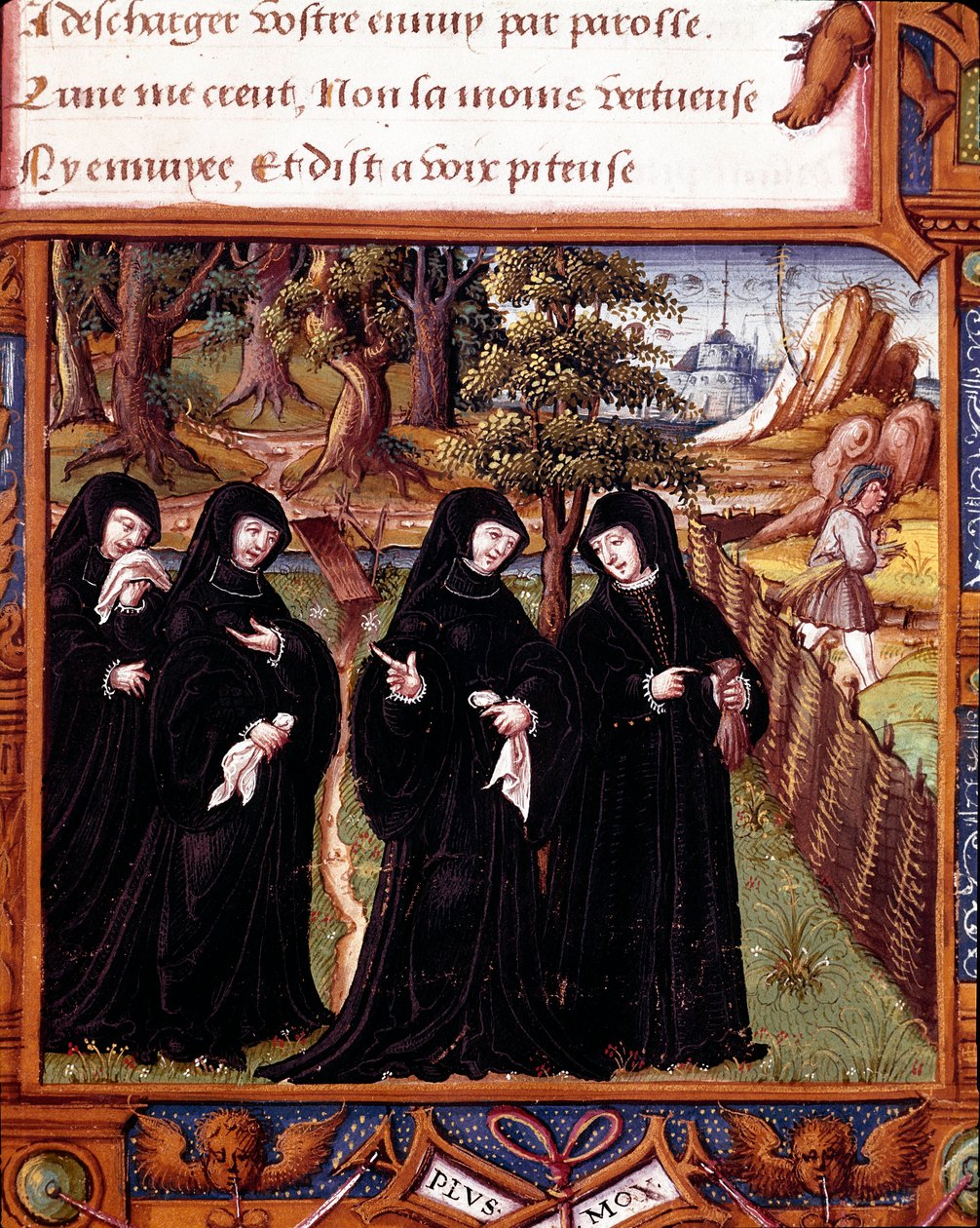 Voorstelling van de koningin van Navarra Margarita van Angoulême die met haar metgezellen praat. Pagina uit het manuscript 