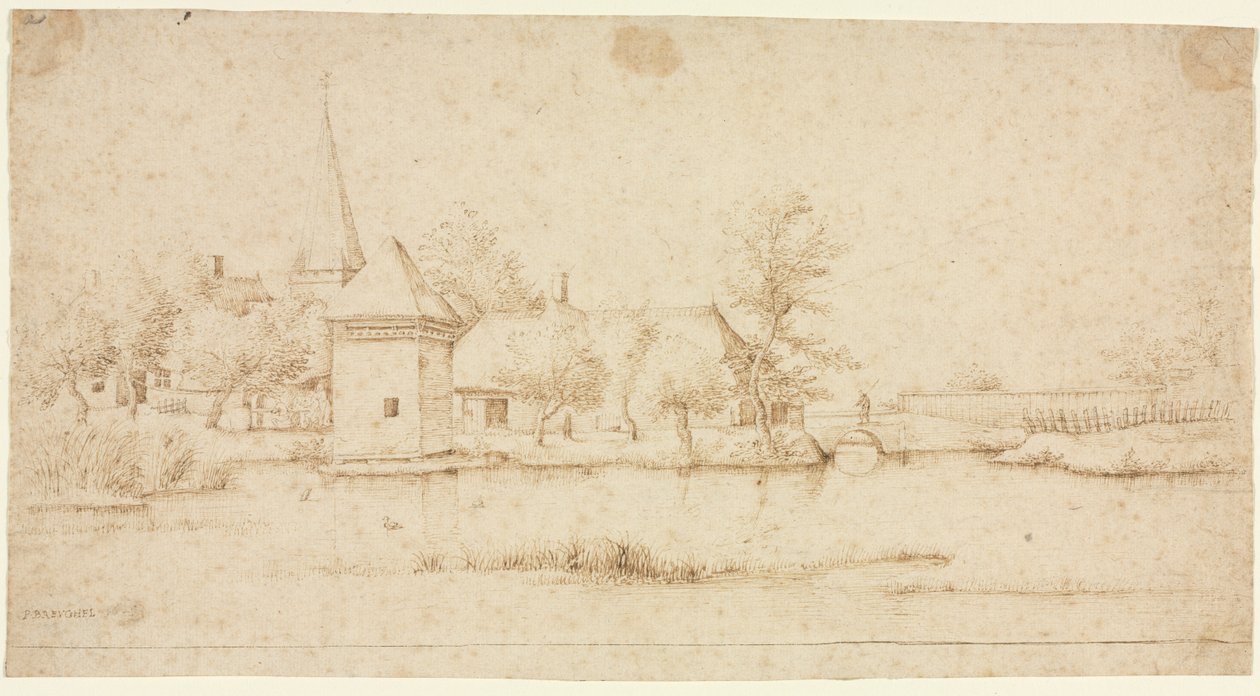 Landschap met een ommuurd dorp door Master of the Small Landscapes