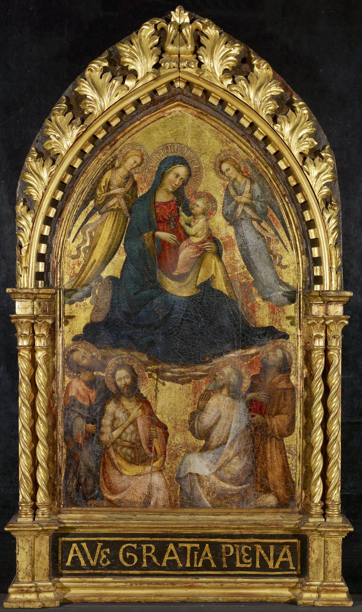 Maagd en Kind met Engelen en Vier Heiligen, ca. 1400-15 door Master of the Straus Madonna