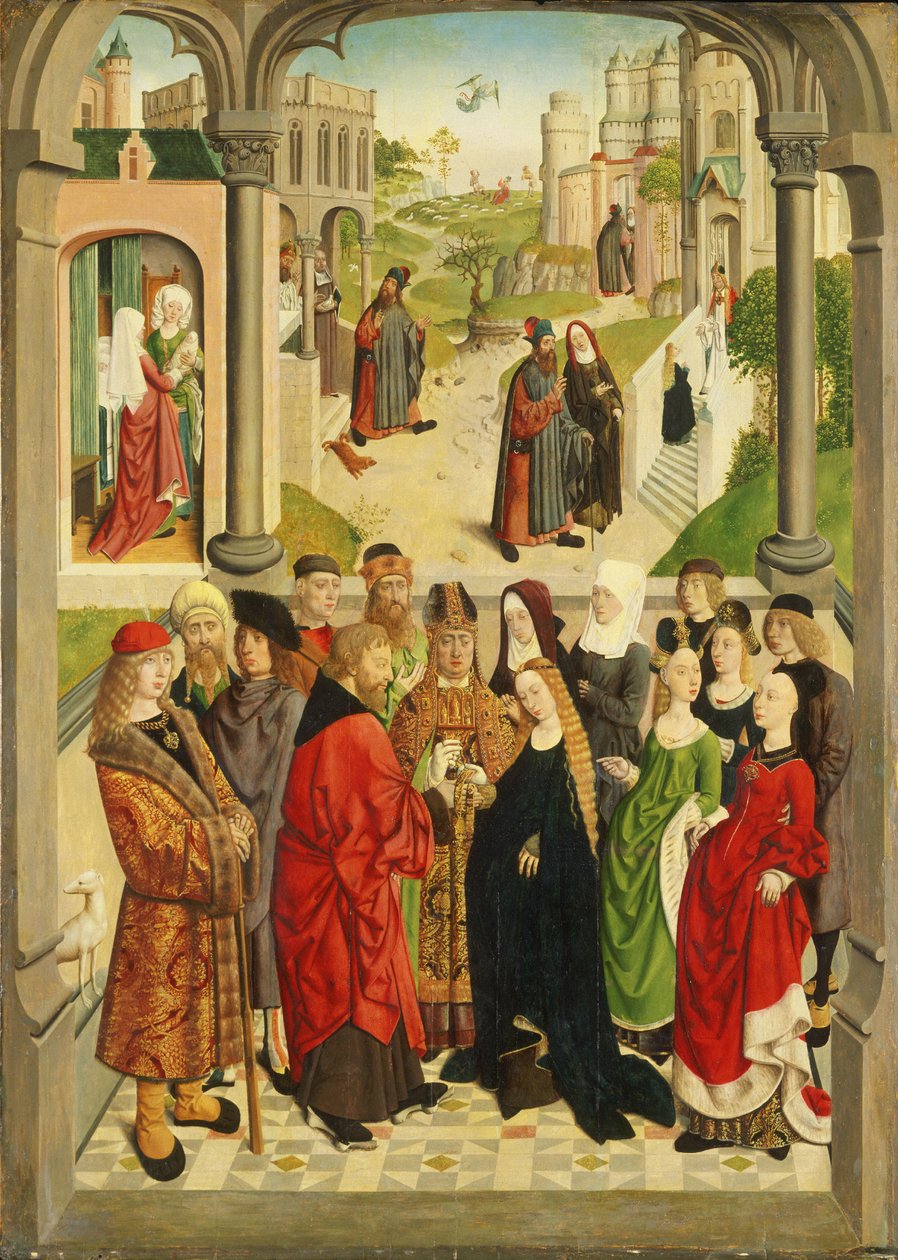 Dutch: Het huwelijk van Maria. In de achtergrond (van links naar rechts) de geboorte van Maria, Joachim wordt de tempel uitgejaagd, de verkondiging aan Joachim, de ontmoeting bij de Gouden Poort en de presentatie van Maria in de tempel The Marriage of th door Master of the Tiburtine Sibyl