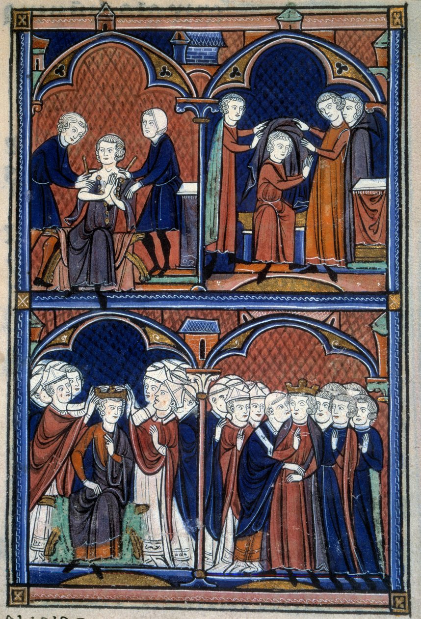 Orde van de wijding en kroning van de koningen van Frankrijk: De koning van de tuniek, de mantel en de kroon waarop alle edelen hun handen leggen; de boog omarmt hem door Master of the life of St Denis and Master of Guignes