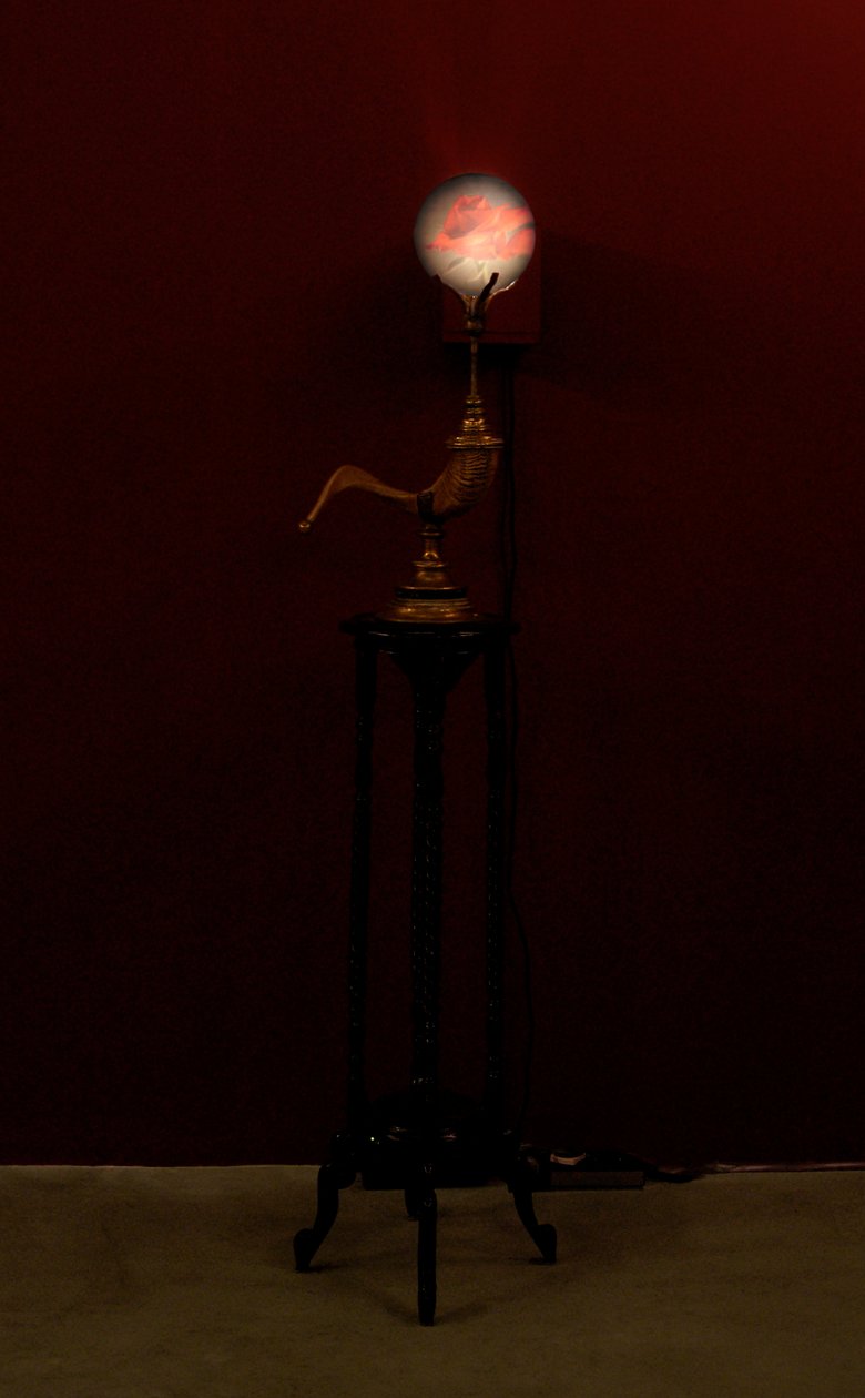 Hoornblazer, 2002 (glas, water, messing, ramshoorn, hout, videoprojector en speler) door Mat Collishaw
