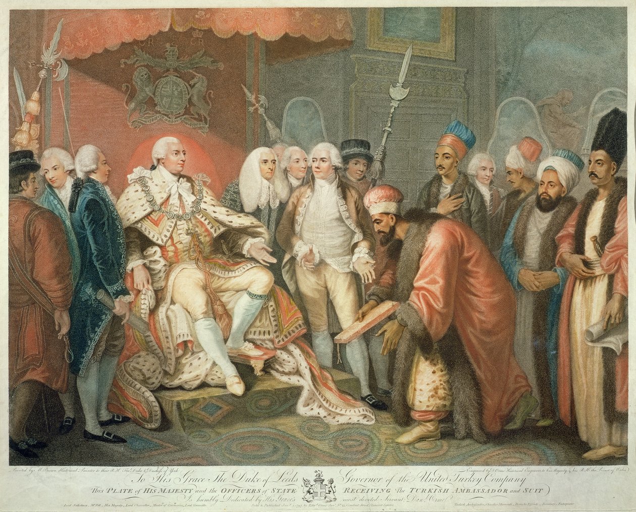 Zijne Majesteit en Staatsambtenaren Ontvangen de Turkse Ambassadeur en Gevolg, gegraveerd door Daniel Orme, uitgegeven door Edward Orme, 1797 door Mather Brown