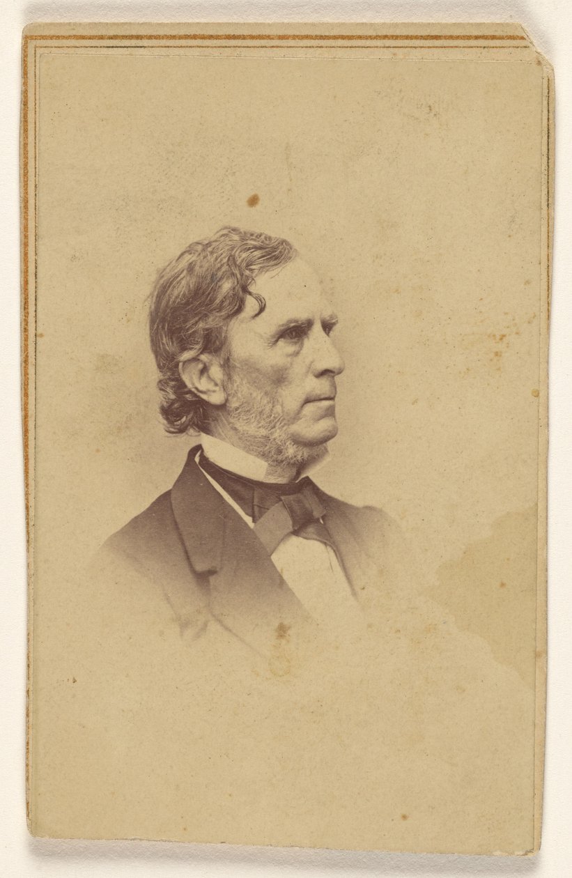 Niet-geïdentificeerde man met grijzende baard, zonder snor, in profiel, gedrukt in vignetstijl door Mathew B. Brady