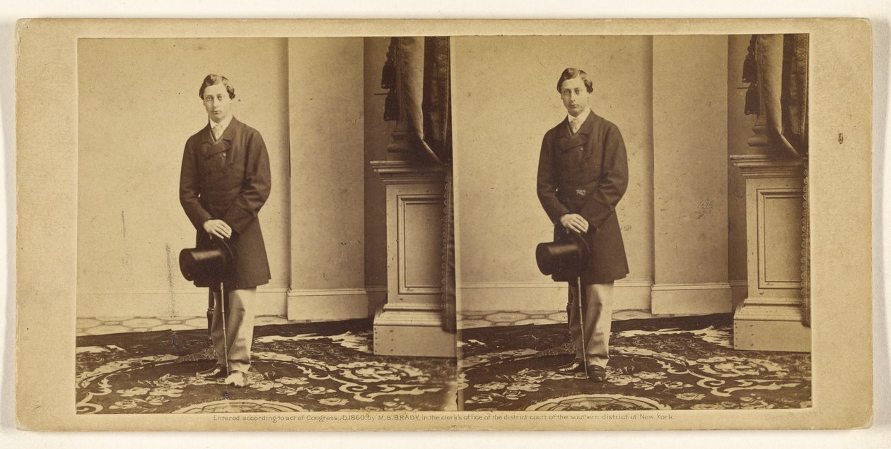 [Niet-geïdentificeerde jonge man, staand, met een hoge hoed en wandelstok] door Mathew B. Brady