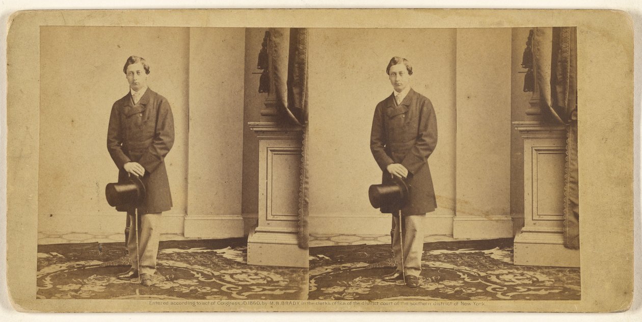 [Ongeïdentificeerde jonge man, staand met een hoge hoed en wandelstok] door Mathew B. Brady
