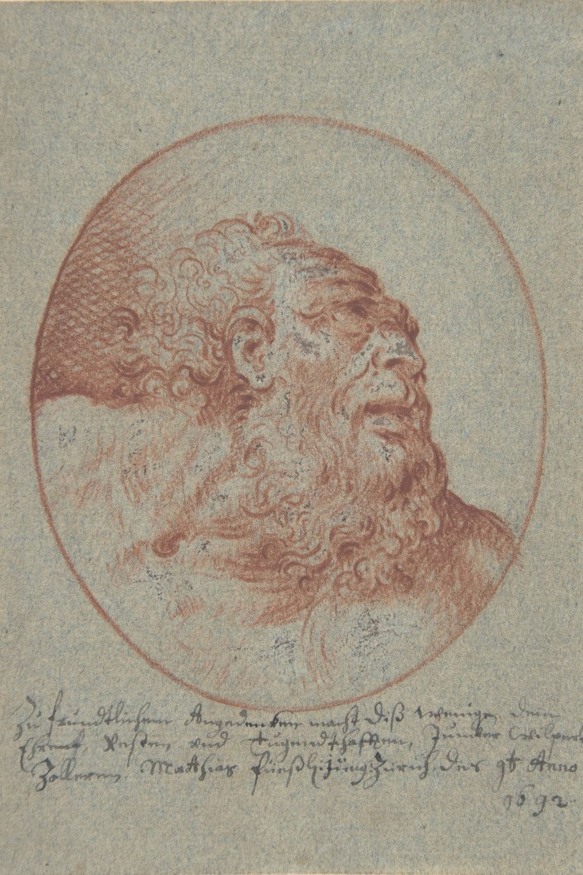 Hoofd van een bebaarde man die naar rechts kijkt, 1692 door Mathias Fussli
