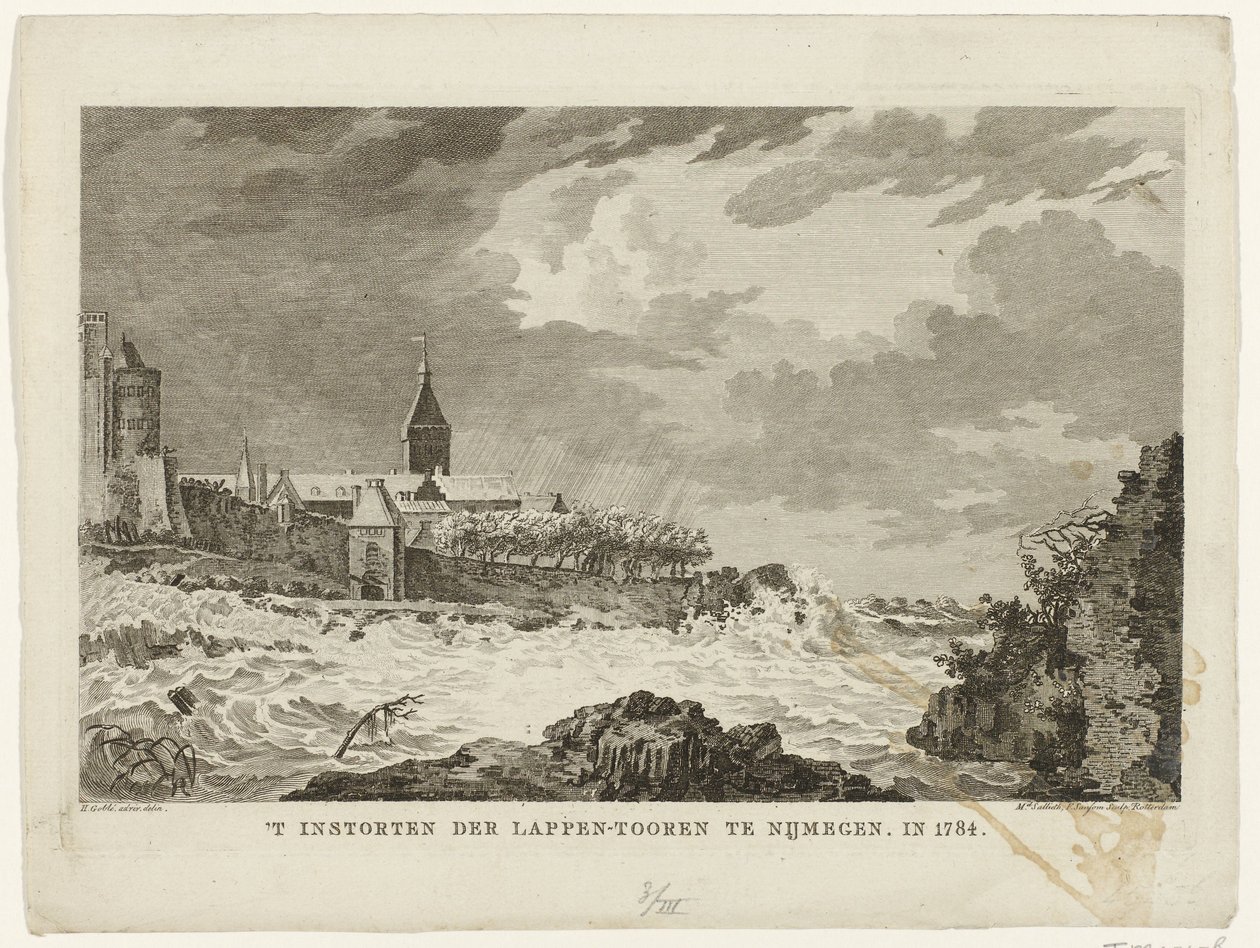 Instorten van de Lappentoren te Nijmegen, 1784 door Mathias de Sallieth