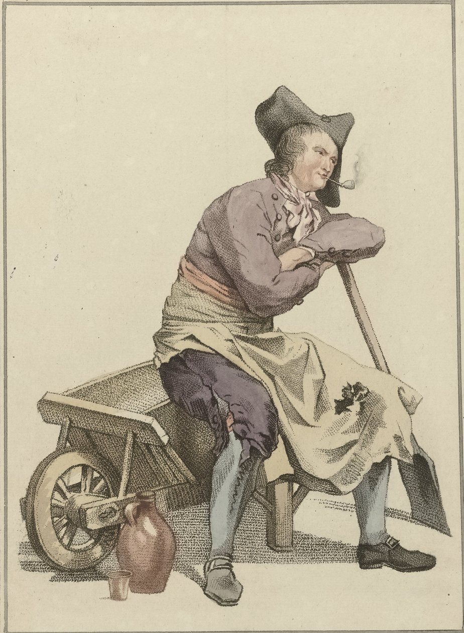 Man zittend op de rand van een kruiwagen door Mathias de Sallieth