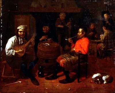 Een taveerne-interieur met mandolinespeler door Mathijs Wulfraet