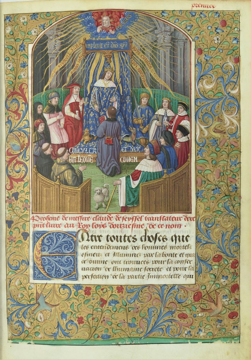 Xenophons Anabasis vertaald door Claude de Seyssel: opdrachtscène, het manuscript is een geschenk van de vertaler aan Lodewijk XII. door Maitre de Philippe de Gueldre