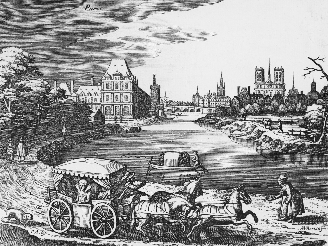 Zicht op het Louvre en de Tuilerieën met een postkoets op de voorgrond door Mattaus the Younger Merian