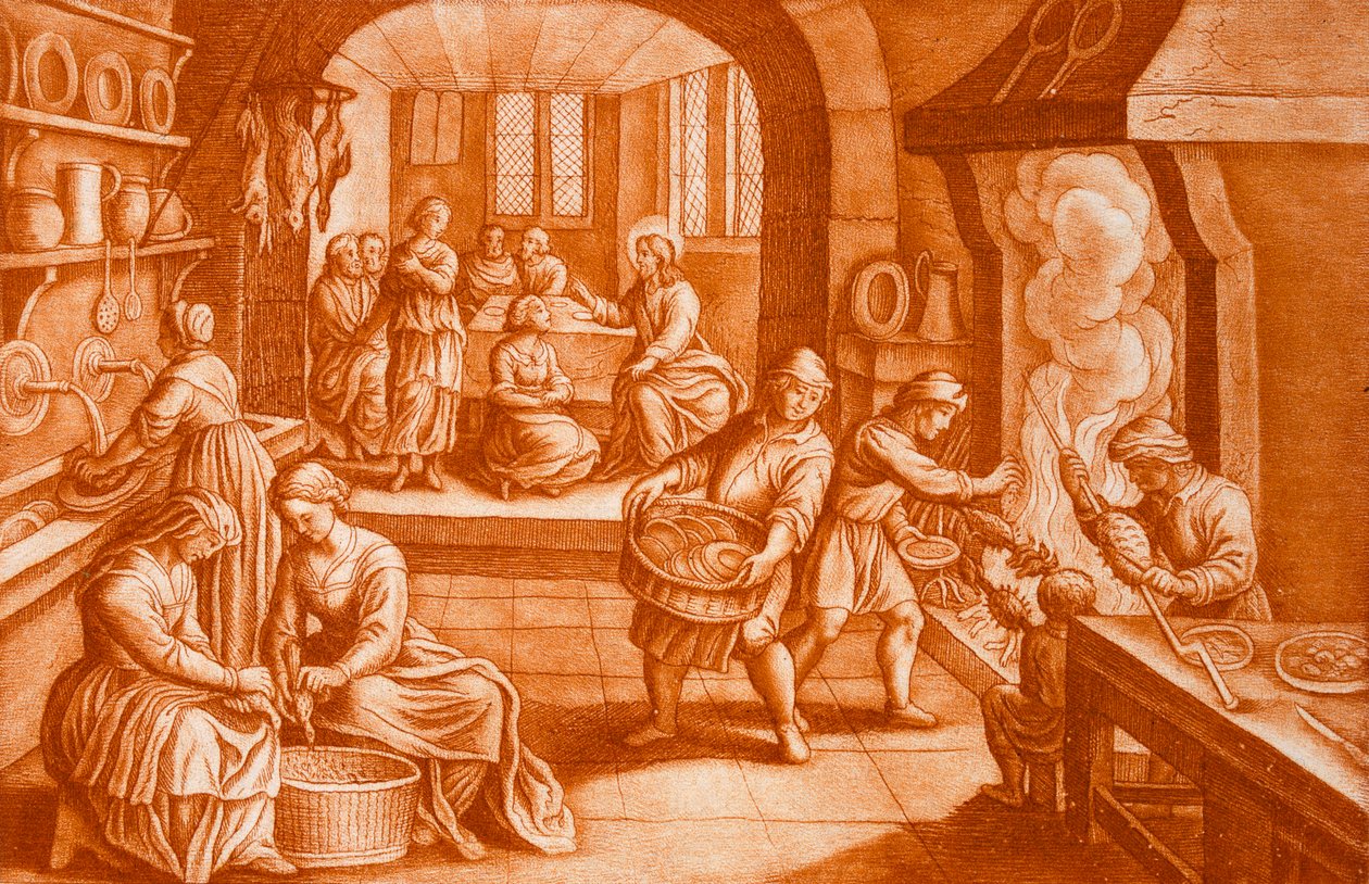 Het verhaal van Maria en Martha, illustratie uit de Bijbel door Mattaus II Merian