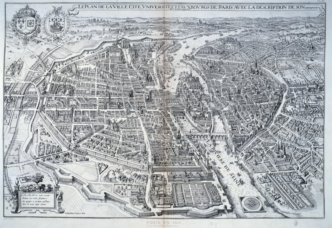 Plattegrond van Parijs in 1615. Gravure door Mathieu Merian door Mattaus the Younger Merian