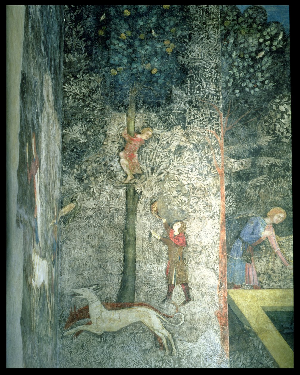 Jachthonden en mannen die in een boom klimmen, detail van het decoratieve schema uit La Chambre du Cerf door Matteo Giovanetti