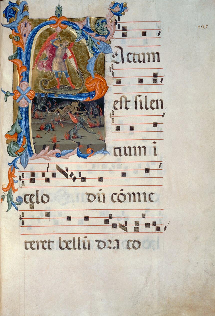 St. Michaël Aartsengel verslaat de demonen. Miniatuur toegeschreven aan Matteo Torelli, uit een antifonarium daterend uit 1394 (Corale 5, c. 105v) door Matteo di Filippo Torelli