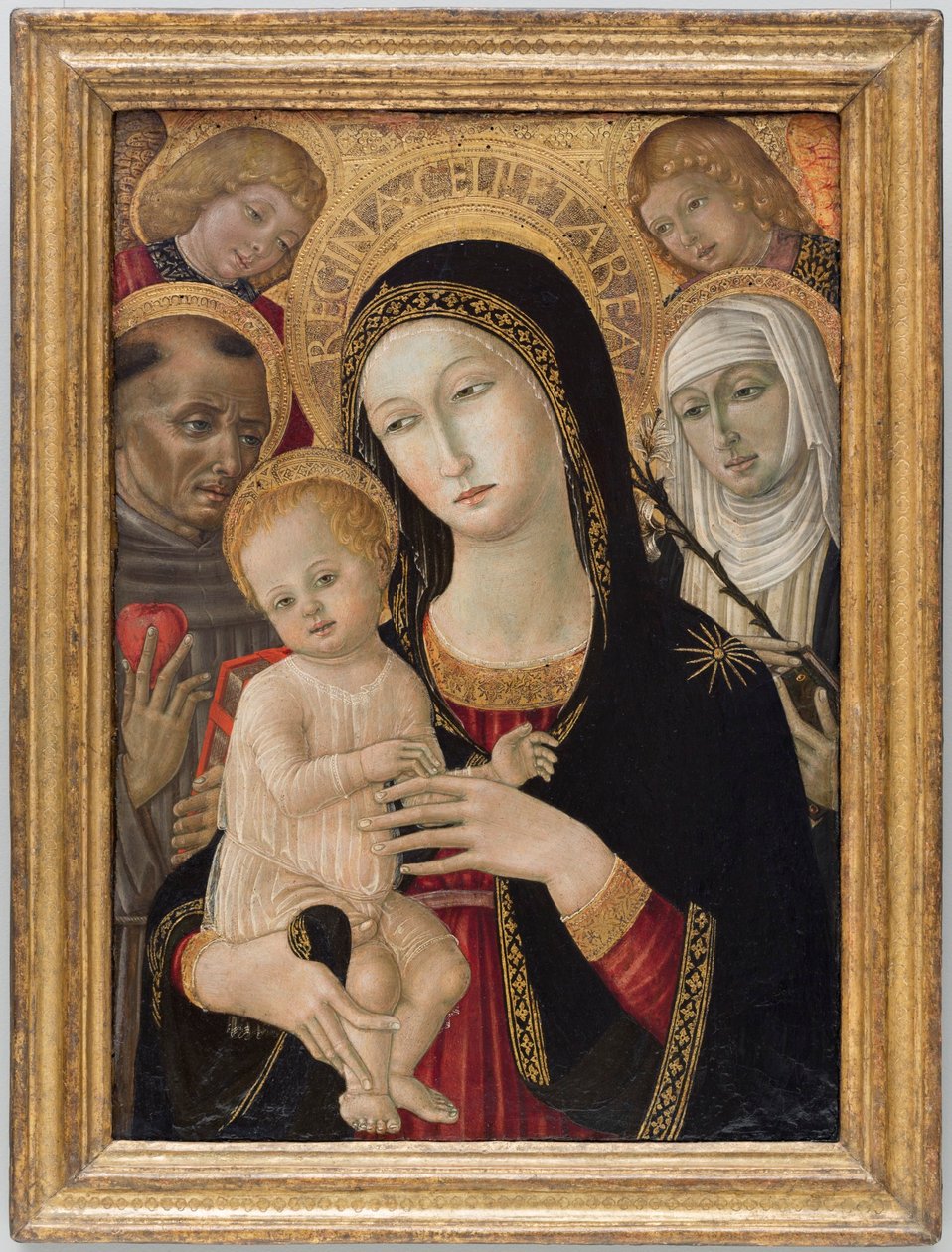 Madonna en kind met de heilige Catharina van Siena, de heilige Antonius van Padua en engelen door Matteo di Giovanni