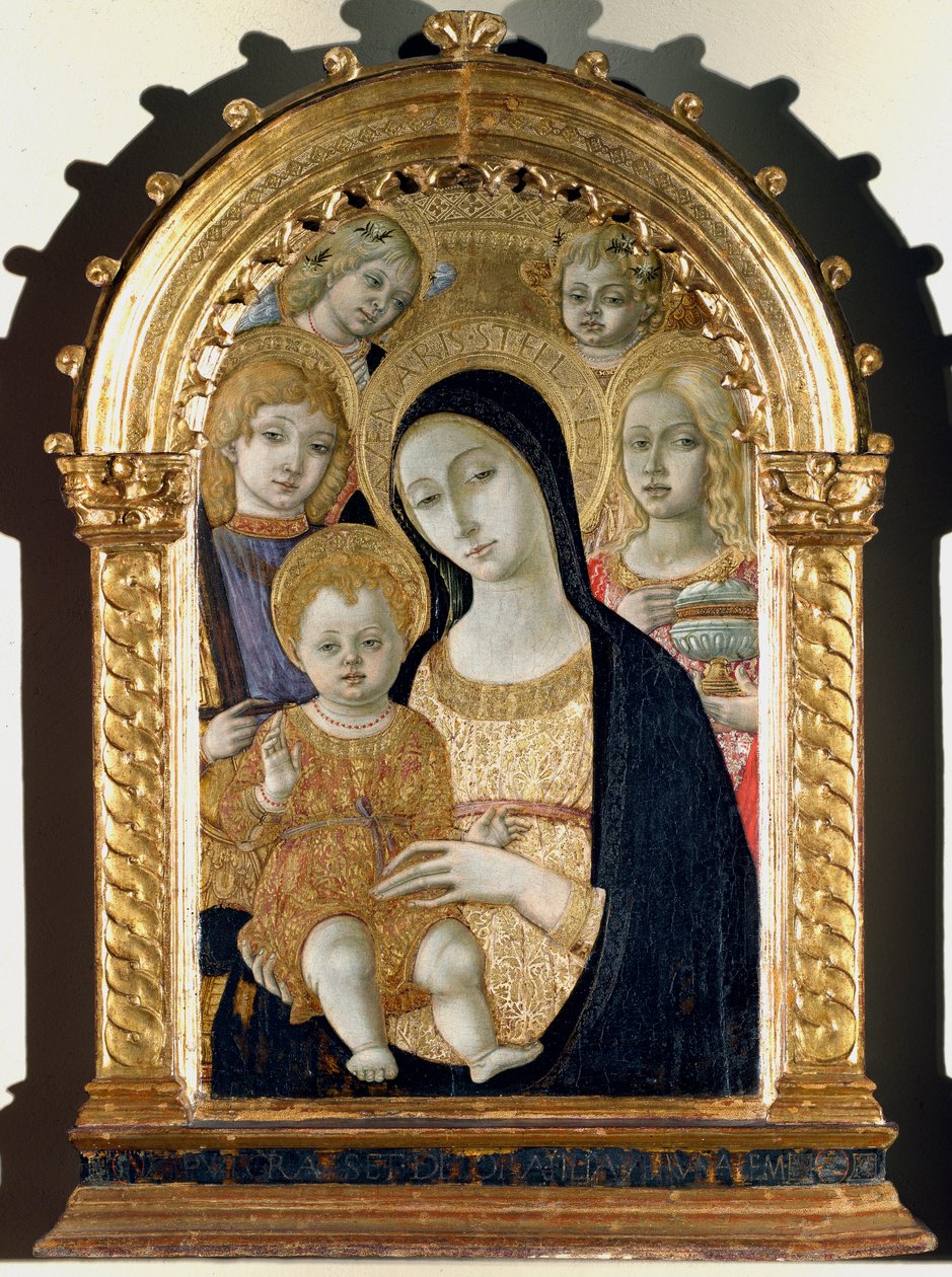 Maagd met Jezus kind, Sint Michaël, Sint Maria Magdalena door Matteo di Giovanni di Bartolo